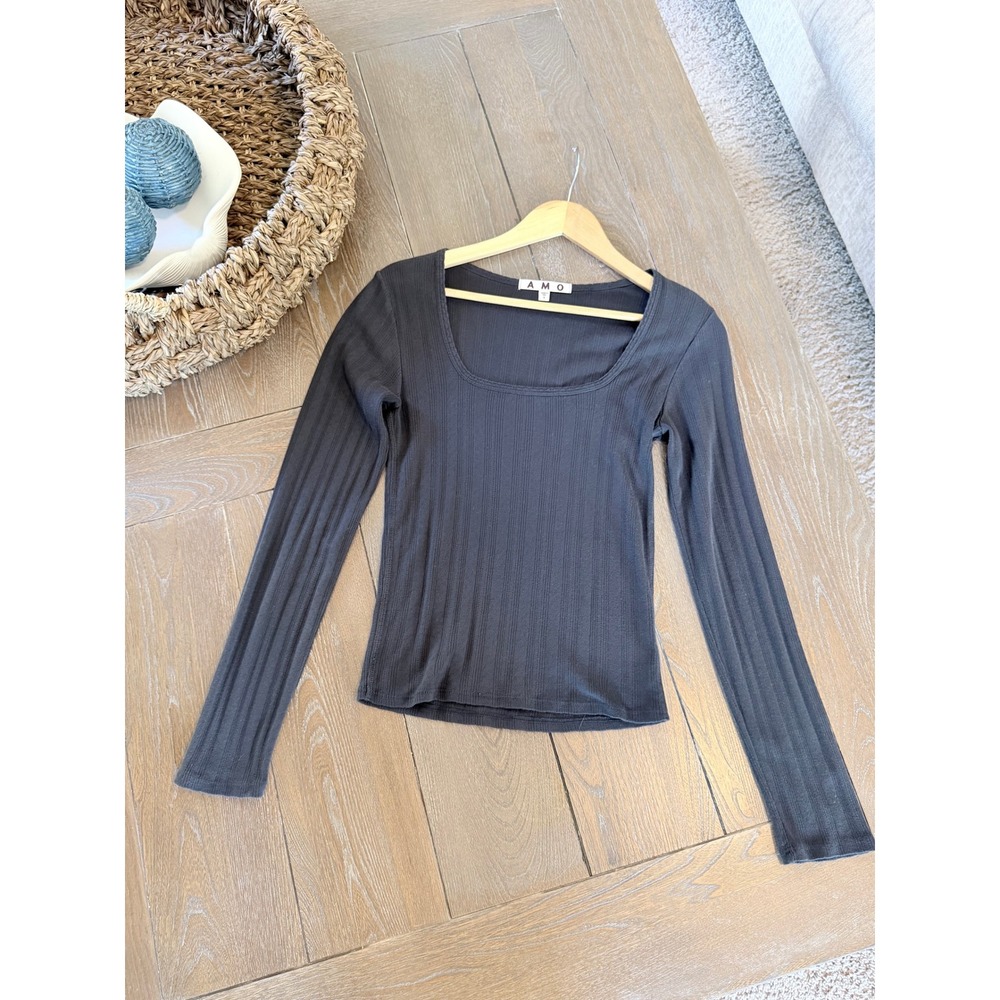 AMO Angelina Ribbed Square Neck Top Womens Charcoal Grey Size S